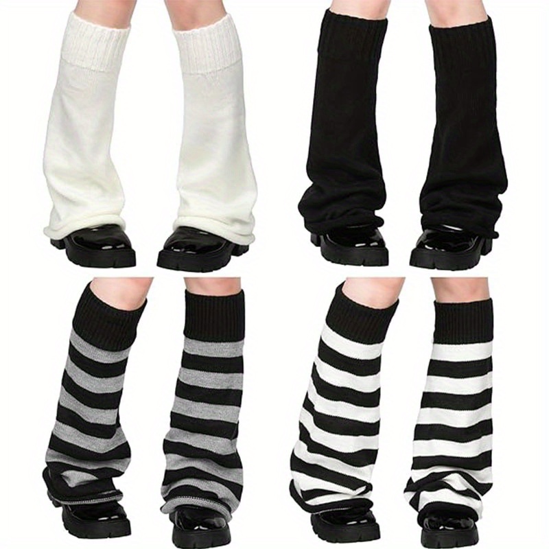 

1/4 Pairs Y2k Knitted Flared Leg Warmer Socks, Striped Design, Stretch Fabric, Rolled Hem Knee High Socks For Women For Fall & Winter