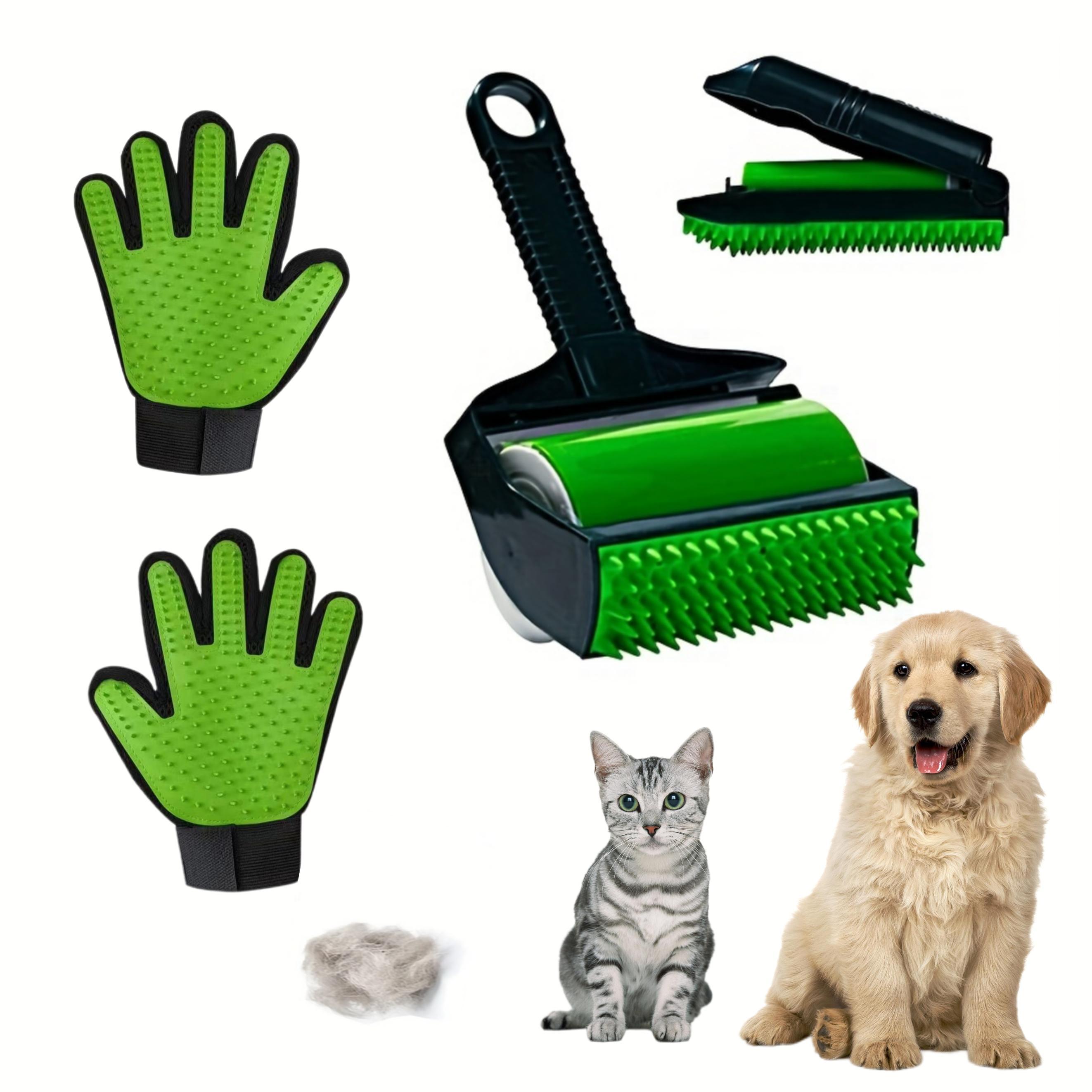

Pet Hair Remover Set With 2 Lint Rollers & 2 Grooming Gloves, Reusable & Washable, Detachable Handle, For Clothes, Furniture, Carpets, Cars