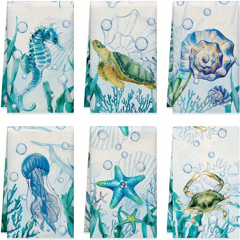 

Set Of 6 Ocean-themed Kitchen Towels - Ultra-soft Polyester Blend, Quick-dry Dish & Tea Towels With Turtle Design - Perfect For Home Decor & Housewarming Gifts, 18x26 Inches
