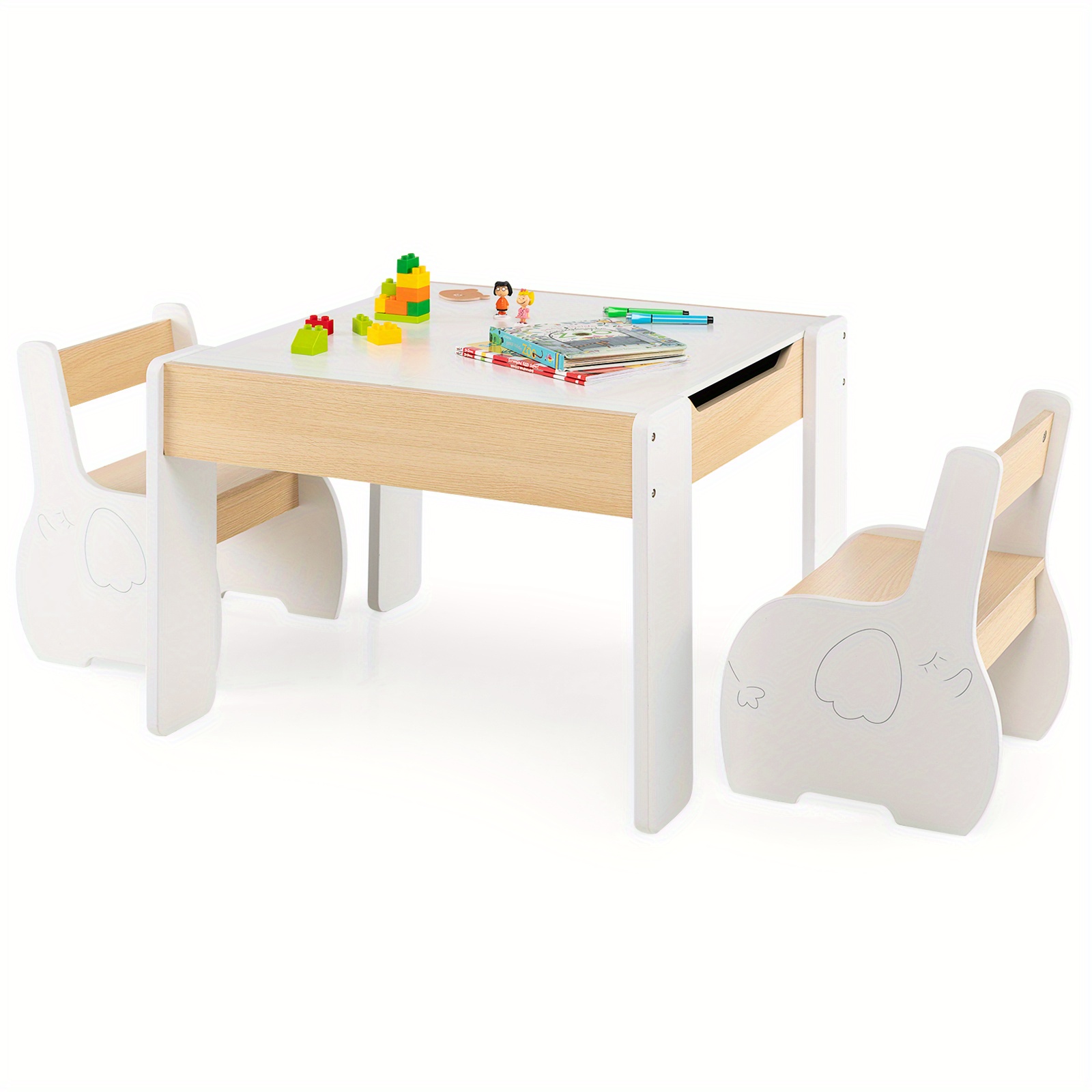 

Lifezeal 4-in-1 Kids Wooden Table & 2 Chairs Set W/ Storage Detachable Blackboard Drawing