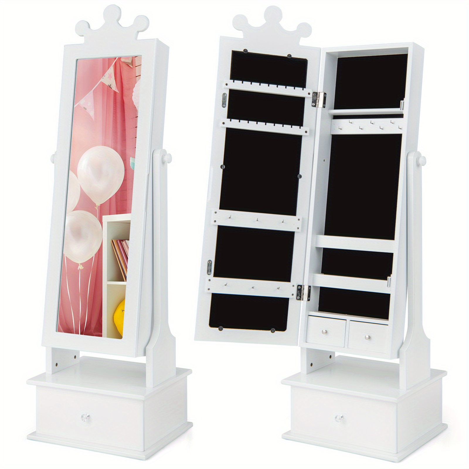 

Lifezeal Kid Freestanding Jewelry Armoire 2-in-1 Full Length Mirror Storage Drawer White