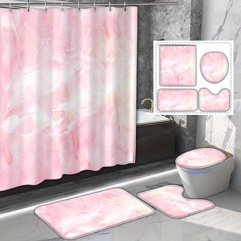 

1/4pcs Pink Marble Shower Curtain Set, 71x71inch Polyester Waterproof Curtain With 12 Hooks, Ombré Bathroom Decor, Bath Mats, U-shaped Pedestal Rug, Toilet Lid Cover, Bathroom Accessories