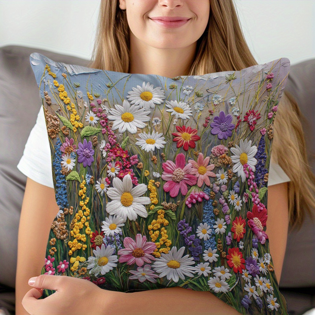 

Chic Floral & Grass Embroidery Print Pillowcase - 17.7" Square, Zip Closure, Machine Washable - Perfect For Sofa, Bed, And Car Decor