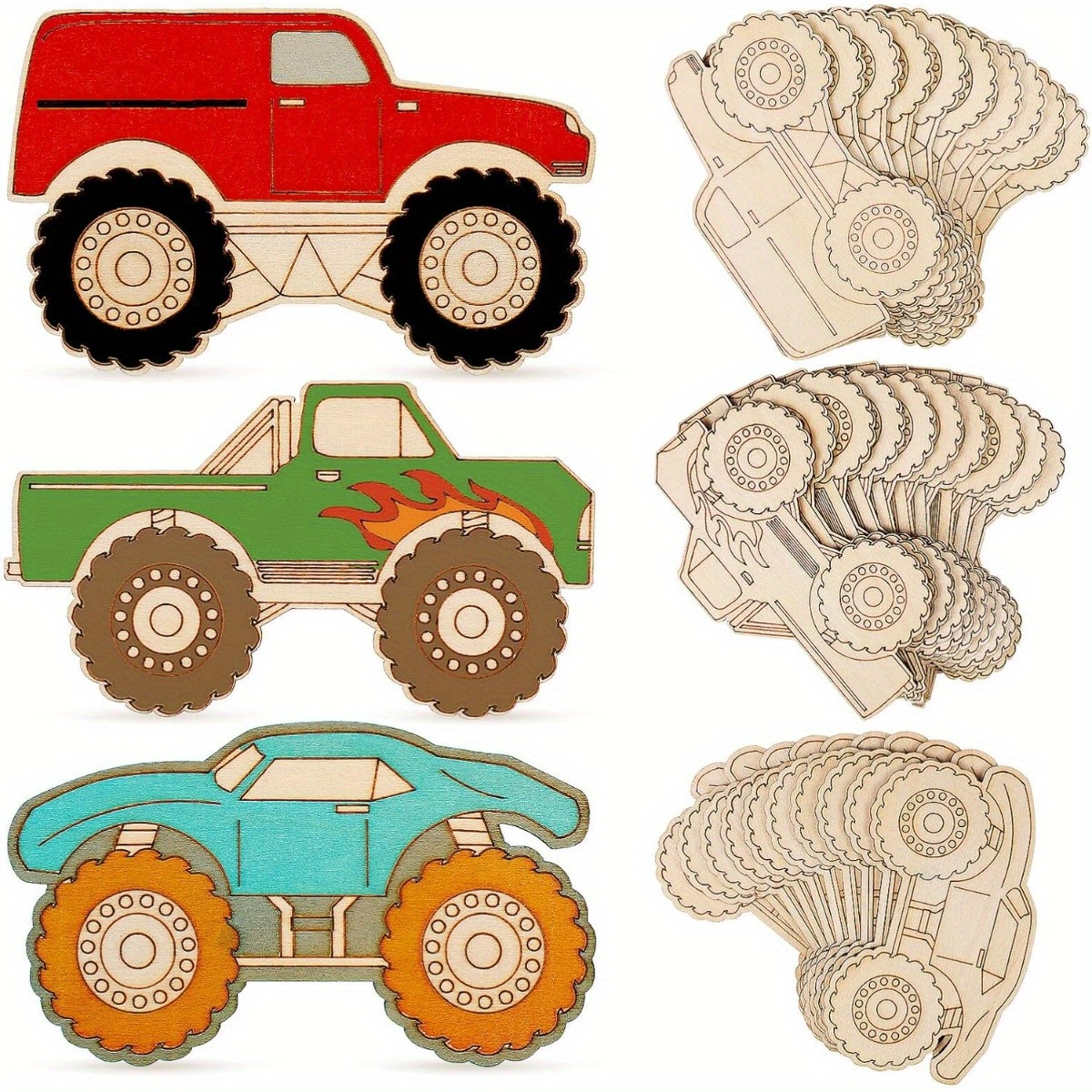 

12-pack Manufactured Wood Monster Truck Cutouts - Diy Unpainted Vehicle Craft Shapes, Party Supplies, Game Favors, Wooden Ornament Tags For Decorations & Projects, No Electricity Needed