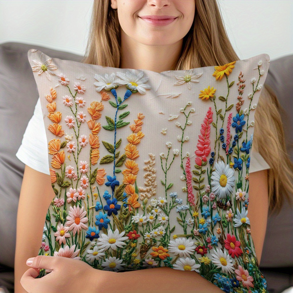 

Contemporary Embroidered Floral Throw Pillow Cover 17.7" - Polyester Knit Fabric, Zipper Closure, Machine Washable, Decorative Cushion Case For Home & Car - 1pc