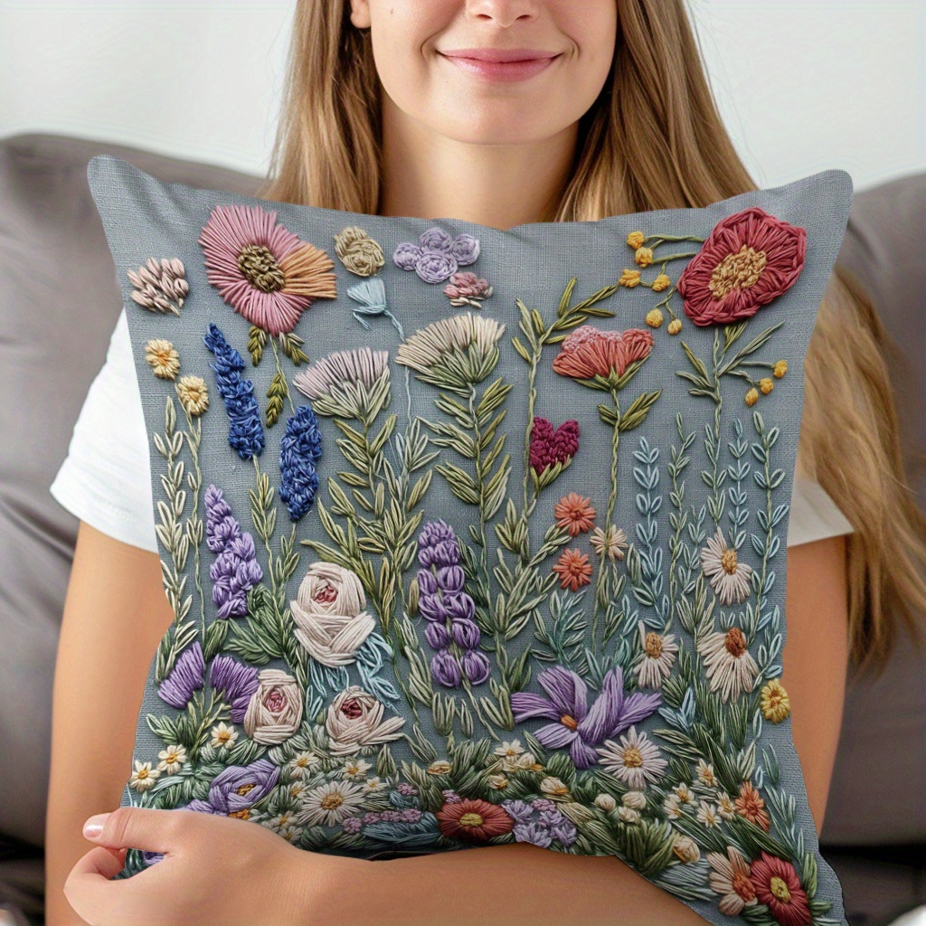 

1pc Exquisite Flower/grass Embroidery Pattern Printed Pillowcases, Cushions, Pillowcases, Suitable For Sofa Beds, Car Living Rooms, Home Decoration Room Decoration, No Pillow Core, 17.7 * 17.7 In
