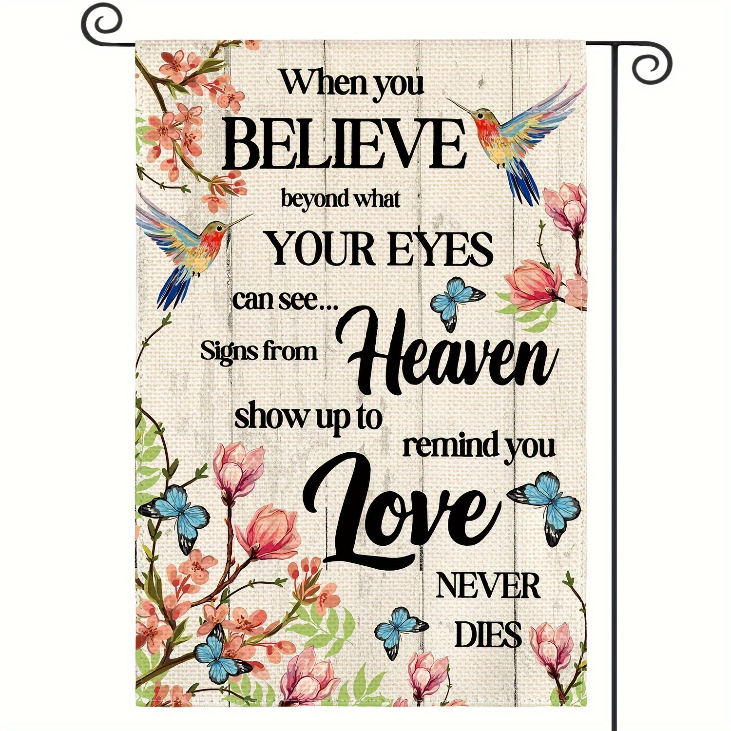 

Sm:)e Hummingbird Memorial Garden Flag 12x18 Inch Double Sided Outside, Love Never Dies Memorial Day Gravesite Saying Spring Yard Outdoor Decoration