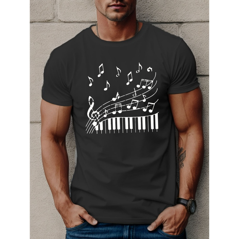 

Men's Casual Outdoor Loose Short Sleeve T-shirt With Fashionable Piano Keyboard And Music Notes Graphic Print, Comfort Fit For Daily Wear