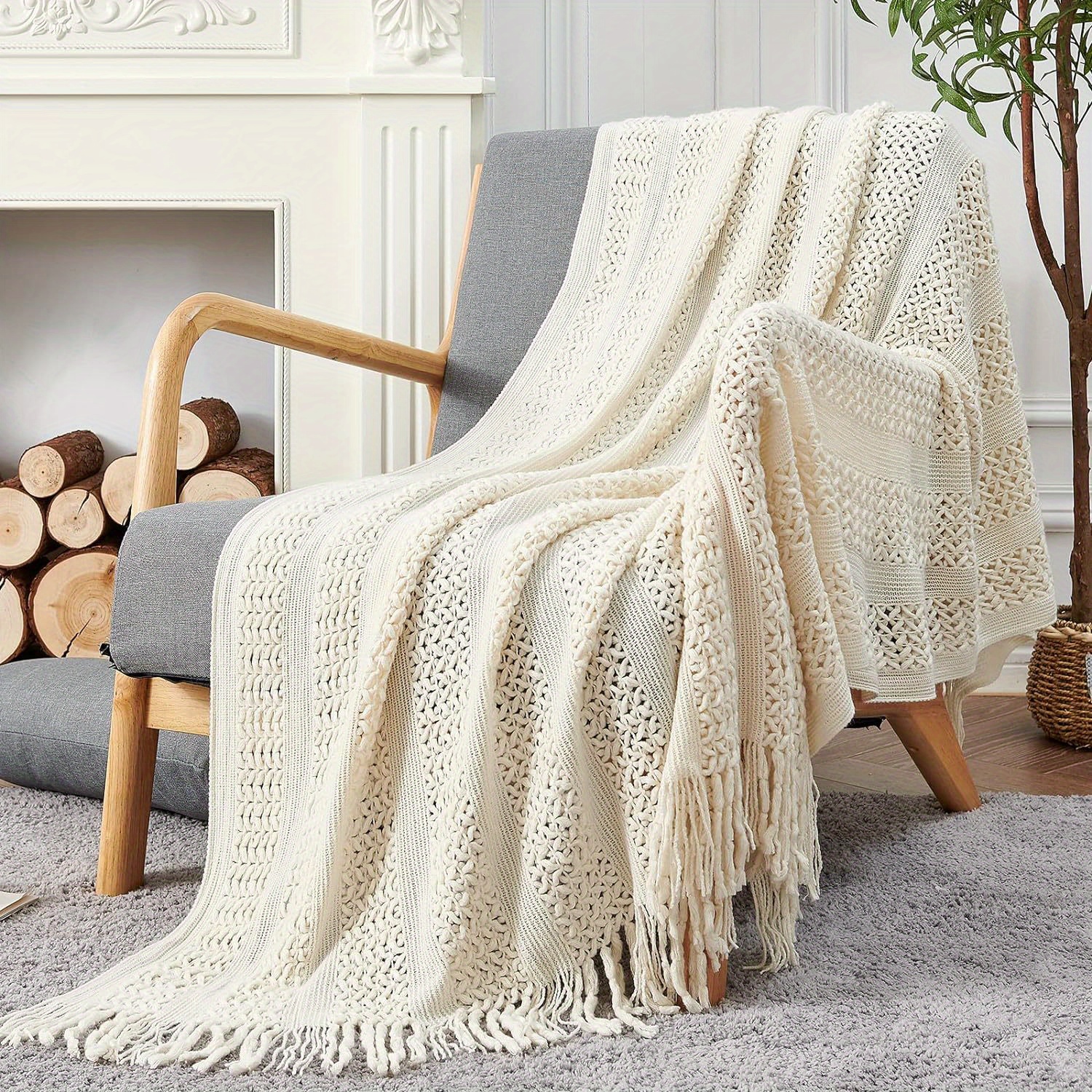 

Jinchan Chunky Cable Knit Throw Blanket For Couch And Bed, Lightweight Soft Cozy Throw Blanket With Tassels, Decorative Blankets And Throws, Farmhouse Throw Blanket For Men And Women, Ivory 50"x60