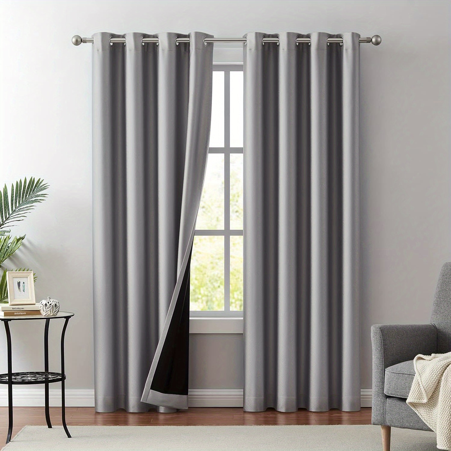 

2pcs Grey Blackout Curtains For Bedroom, Thermal Insulated Energy Saving Grommet Embossed Satin Drapes With Black Lining