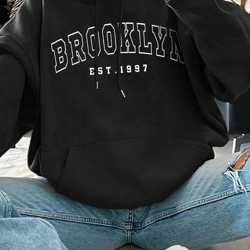 

Brooklyn Print Kangaroo Pocket Hoodie, Casual Long Sleeve Drawstring Hoodies Sweatshirt, Women's Clothing