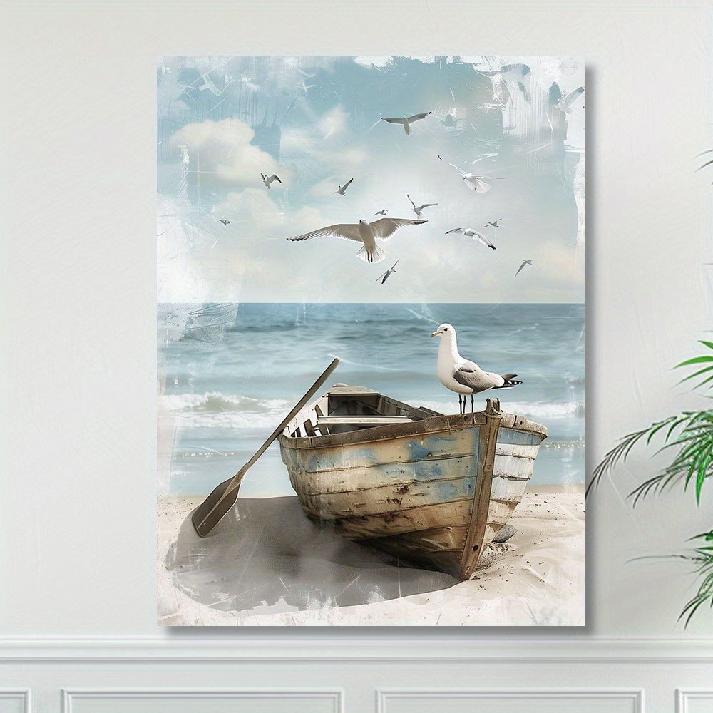 

Chic Beach & Wooden Boat Canvas Art Print, 12x16" - Modern Hd Wall Decor For Living Room, Bedroom, Hallway | Fade-resistant Ink, Easy To Hang, Unframed