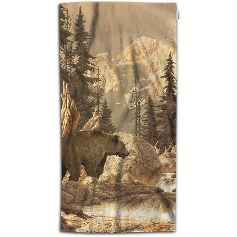 

Super Soft Grizzly Towel – Woven Polyester Blend, Contemporary Fantasy Wildlife Design For Kitchen & Bathroom, Machine Washable, Oblong Yellowstone Forest & Mountain Scene – 18x26 Inches