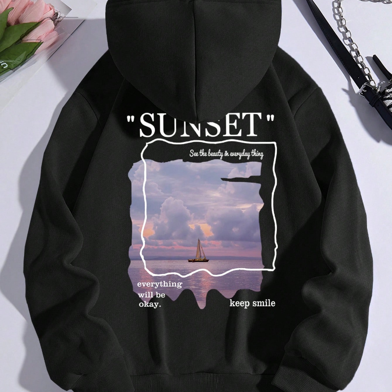 

Sunset Print Kangaroo Pocket Hoodie, Casual Long Sleeve Drawstring Hoodies Sweatshirt, Women's Clothing