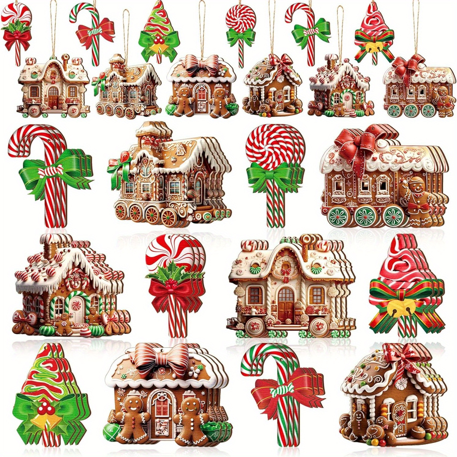 

24-piece Vintage Christmas Ornament Set - Wooden Lollipop, Candy Cane, Gingerbread For Man & House Designs With Rope For Tree, Yard, And Party Decoration