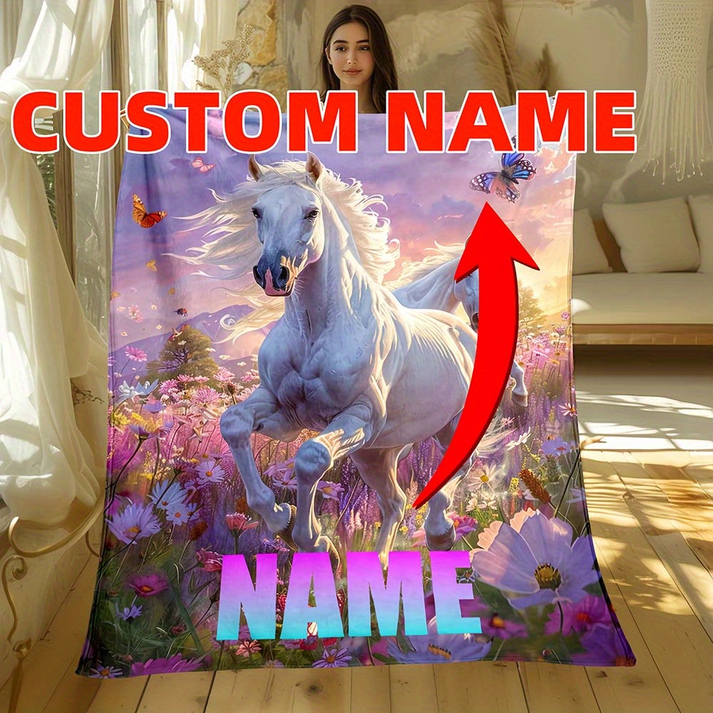 

Personalized Horse Print Flannel Throw Blanket - Soft, Lightweight & Durable For Couch, Bed, Travel & Office - Custom Name Option Available