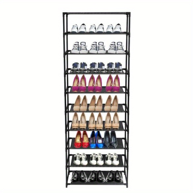 

1pc 10-tier Shoe Rack, Easy Assembly, Freestanding Shoe Organizer, 60-inch Height, Holds 30 Pairs, With Black Stainless Steel Frame And Black Fabric Shelves, Dustproof, For Home Storage