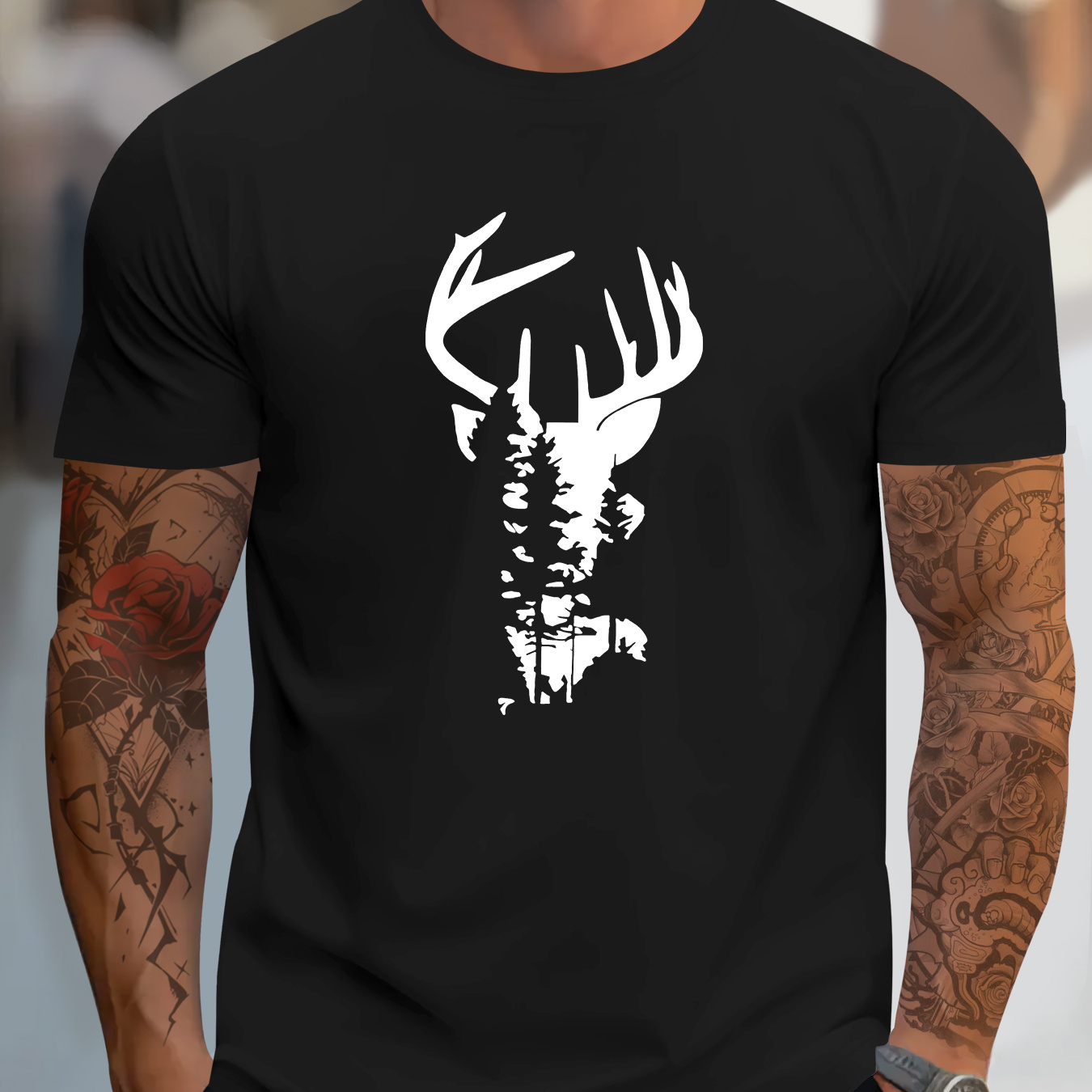 

Deer And Forest Silhouette Pattern Print Men's Crew Neck Short Sleeve T-shirt, Slightly Elastic, Summer Casual And Breathable Top For Outdoor Fitness & Daily Commute