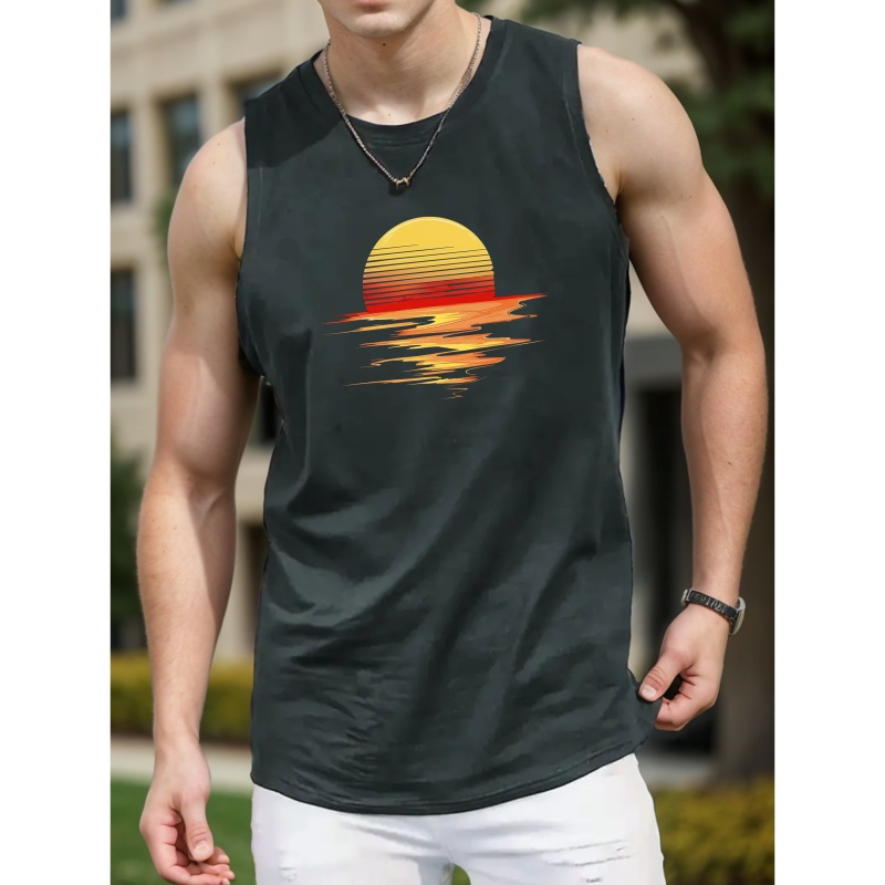 

Sunrise Sunset Pattern Print Men's Quick Dry Moisture-wicking Breathable Tank Tops, Athletic Gym Bodybuilding Sports Sleeveless Shirts, Men's Vest For Workout Running Training Basketball Fitness