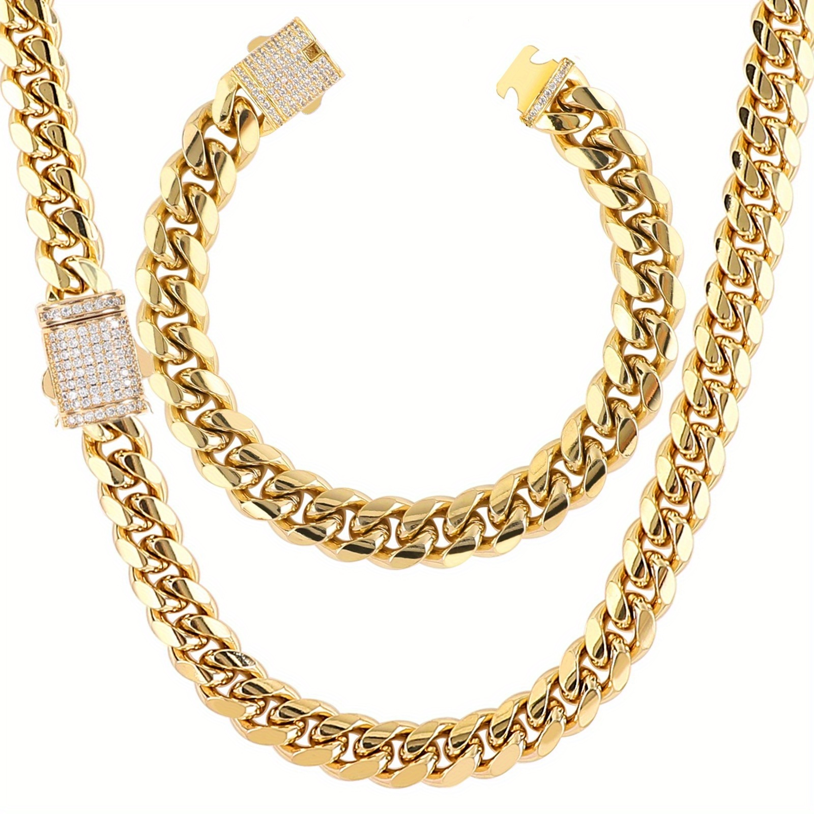 

Miami Cuban Link Chain Set For Men 18k Gold Plated Stainless Steel 10mm Curb Bracelet Necklace Chains