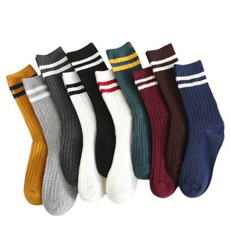 

10 Pairs Striped Print Socks, Simple College Style Mid Tube Socks, Women's Stockings & Hosiery