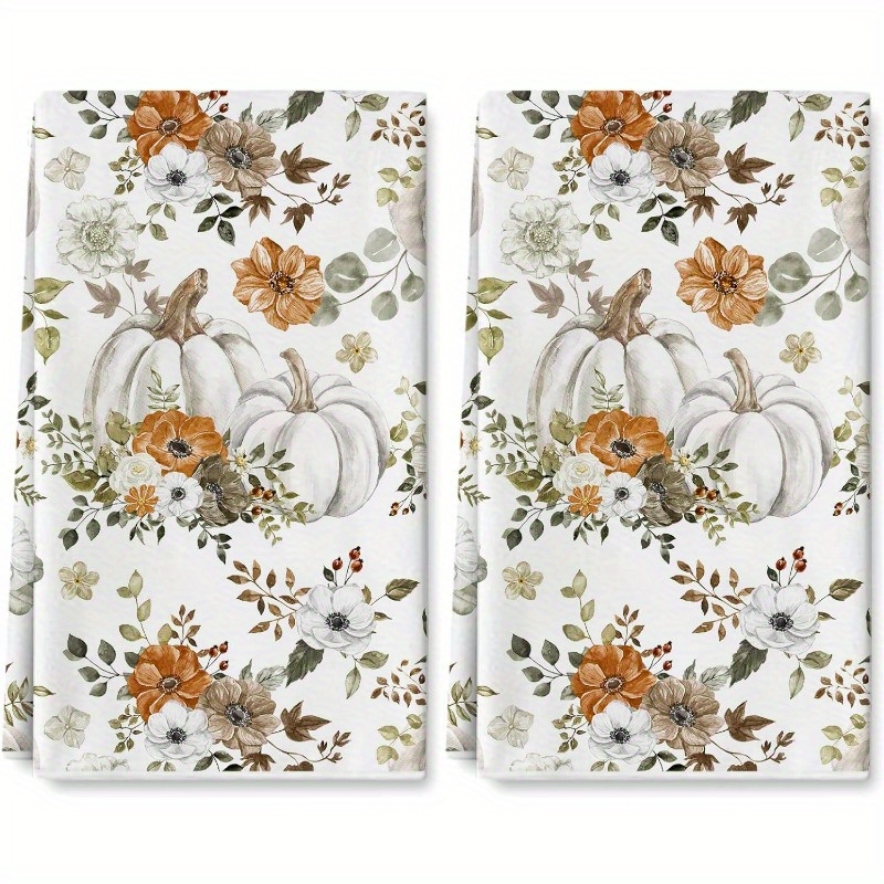 

Ultra-soft Fall Kitchen Towels - Watercolor Pumpkin & Leaf Design, Polyester Blend, Machine Washable, Perfect For Cooking, Baking & Thanksgiving Decor, Set Of 2, 18x26 Inches