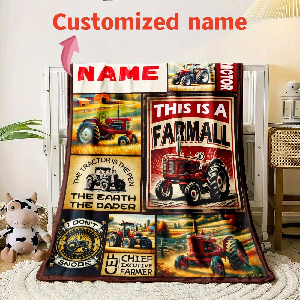 

Personalized Farm Tractors Blanket With Custom Name - Ultra-soft Flannel, Perfect For Sofa, Bed, Travel & Camping - High-definition Digital Print, Versatile Gift Idea