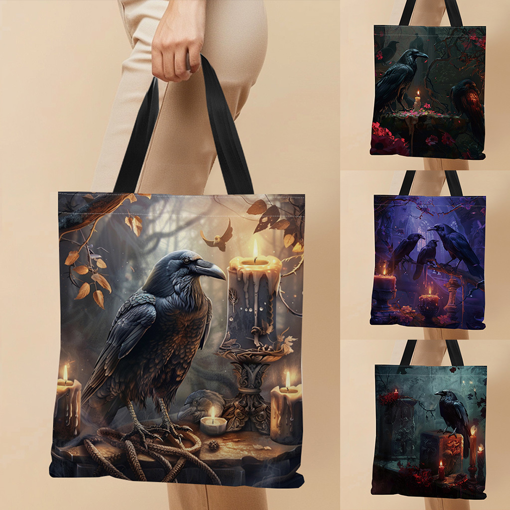 

1pc , Crow, Candle Pattern Canvas Tote Bag, Perfect For Shopping, Cheap, And Repeated Use