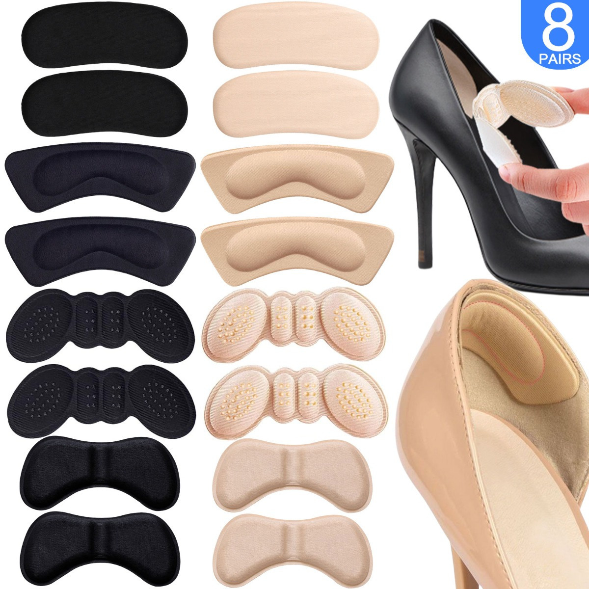 

8 Pairs Heel Cushion Pads - Anti Slip Shoe Grips Liners - Heel Comfort Inserts For Women & Men - Heel Protectors For Blisters, Shoe Fitting, Loose Heels - Universal Fit For Various Shoe Styles