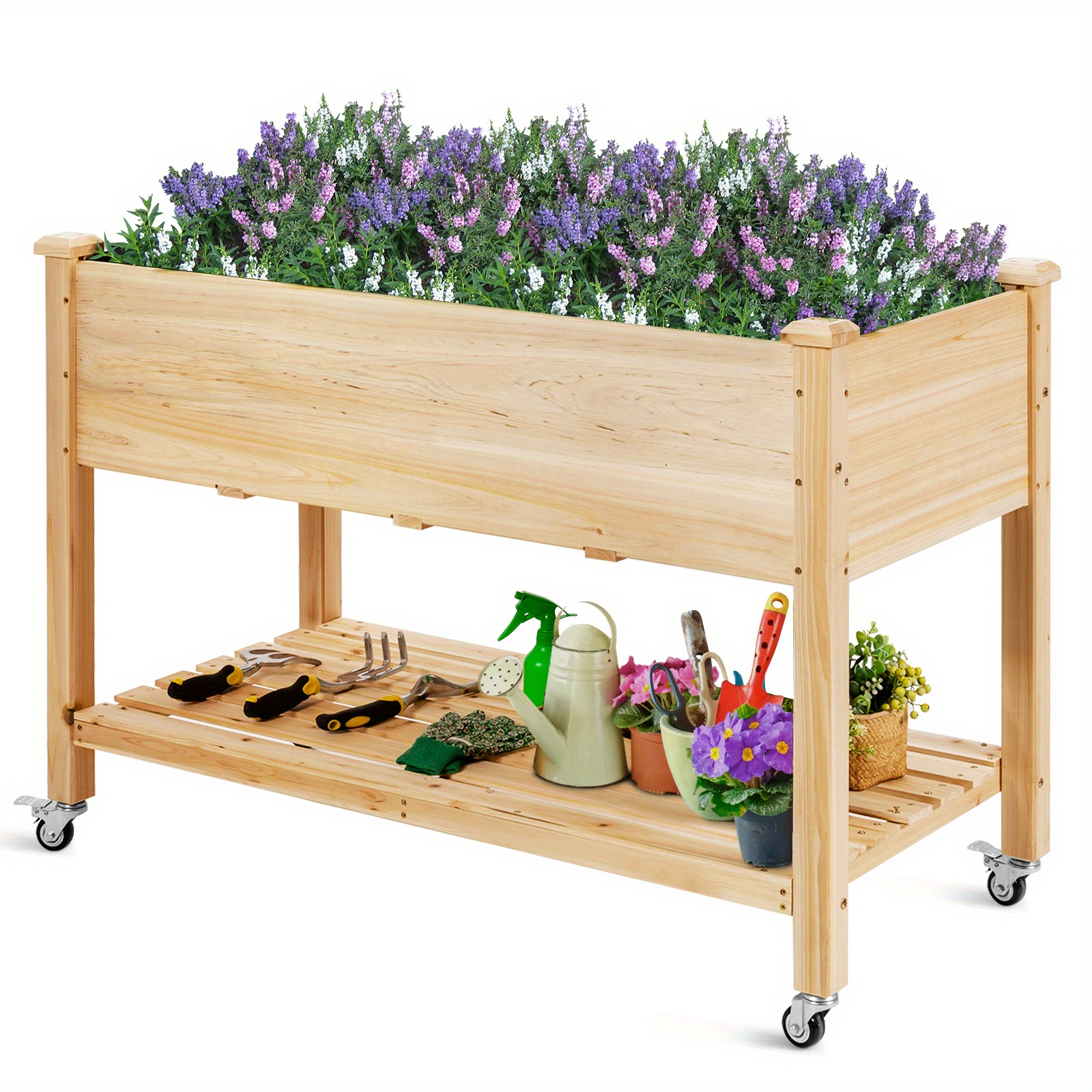 

Homasis Raised Garden Bed Wood Elevated Planter Bed W/lockable Wheels Shelf & Liner