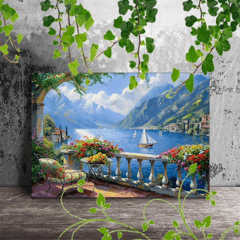 

1pc Wooden Framed Canvas Painting, Balcony View Flower Arrangement Lake Sailing Mountains Comfortable Seating Sunny Days Picturesque Scenery