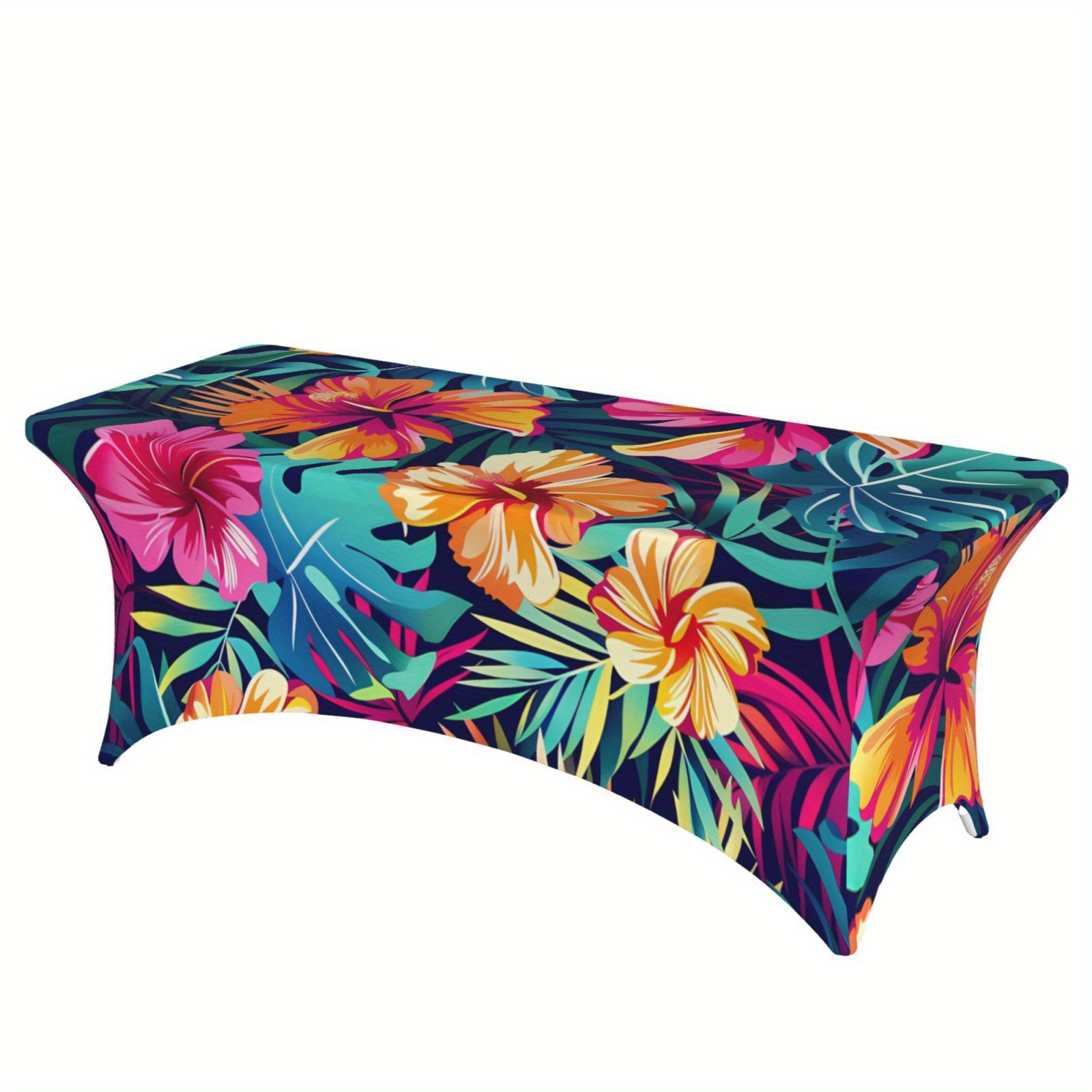 

1/2pcs Tropical Floral Print Elastic Tablecloth - 4/6/8ft Rectangular Stretchable, Washable, Wrinkle-resistant Terrace Cover For Weddings, Banquets, And Parties