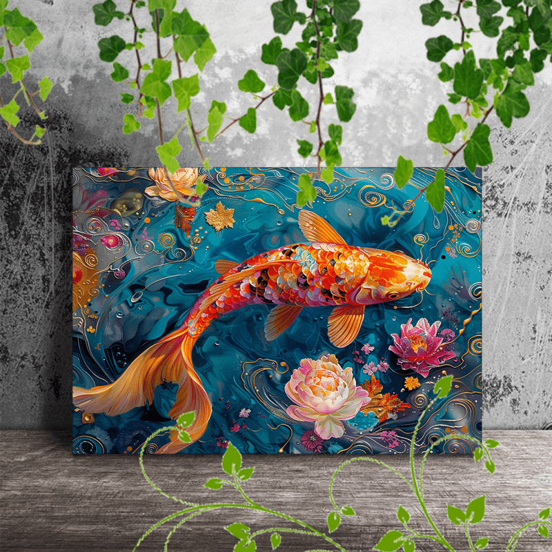 

1pc Wooden Framed Canvas Painting, Colorful Koi With Vibrant Scaly Swirls Of Water Floral Elements Artwork Very Suitable For Office Corridor Home Living Room Decoration Suspensibility