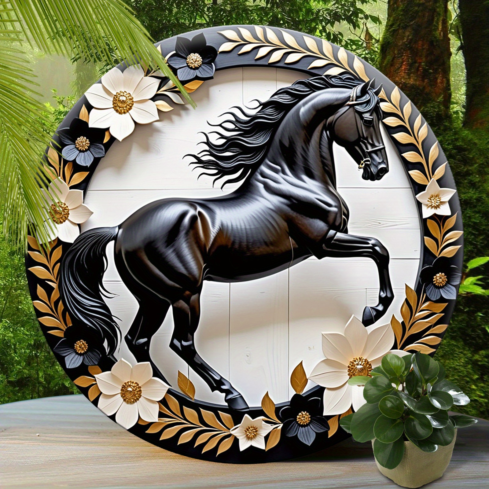 

1pc Aluminum Black Horse And Floral Wall Art Decor - Easy To Install 2d Round Sign For Home, Cafe, Bedroom, Living Room - Aesthetic Elegant Artwork With Pre-drilled Holes, Holiday Gift Idea