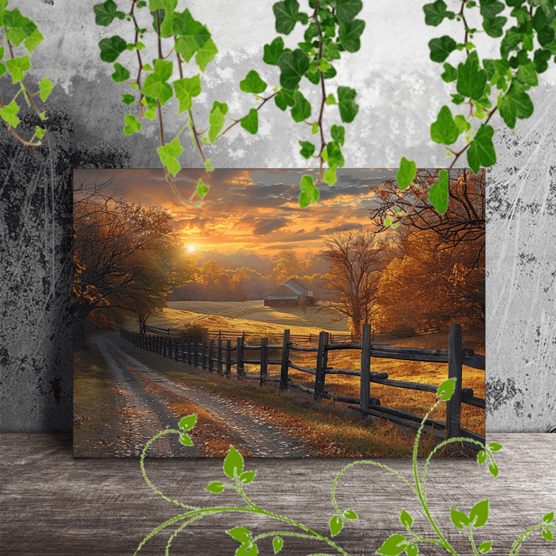 

1pc Wooden Framed Canvas Painting, Country View, Sunset, Wooden Fence, Dirt Road, Country View, Golden Light, Farmhouse, Peaceful Country, Artwork Very Suitable For Office Corridor Home Living Room De