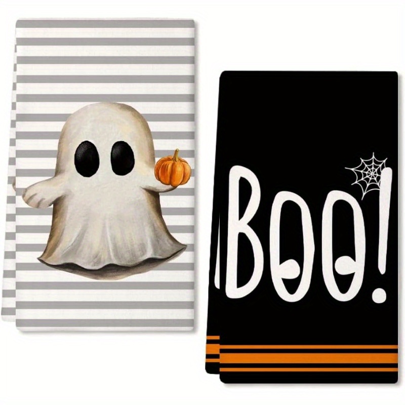 

-themed Kitchen Towels Set Of 2 - Polyester, & Pumpkin Design, Gray Striped, Machine Washable, Style Dish Cloths For Cooking And Cleaning