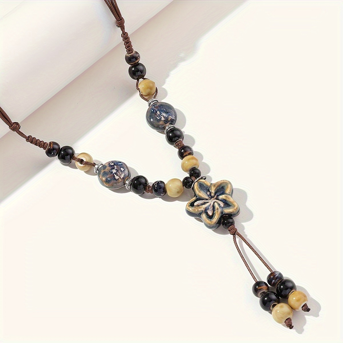 

1pc Bohemian Ethnic Style Beads Ceramic Necklace Adjustable Length Chinese Style Necklace