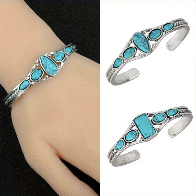 

2pcs/set Bohemian Style Retro Turquoise Carved Hollow Geometric Bracelet With Adjustable Opening