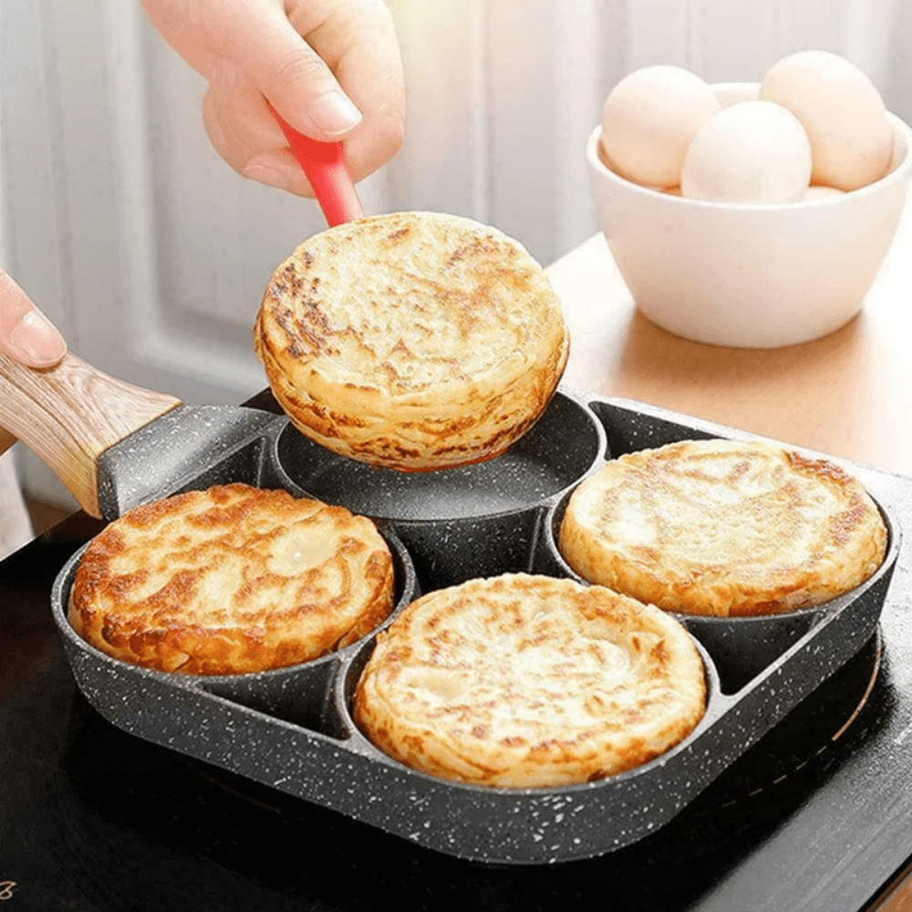 

4-cup Non-stick Egg Poacher Pan With Stay-cool Wooden Handle - Versatile Egg Pancake Cooking Skillet Compatible With All Stovetops Including Induction And Gas - Ideal For Eggs, Pancakes, Burgers