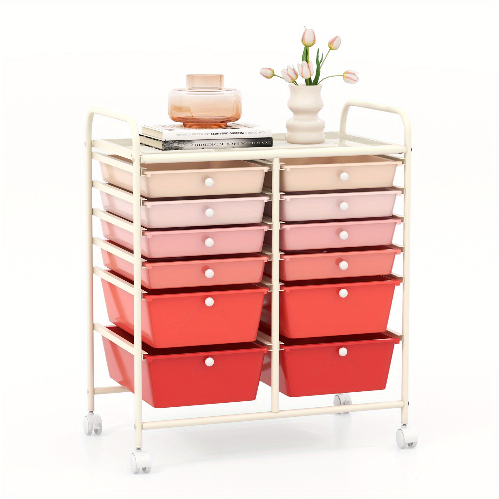 

Homasis 12-drawer Rolling Storage Cart With 2 Sizes Plastic Drawers Gradient Pink