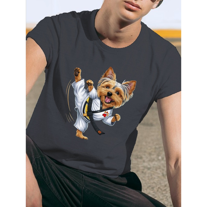 

Creative Cute Yorkshire Terrier Martial Arts Print, Men's Crew Neck Short Sleeve Summer T-shirt, Casual Comfy Fit Top For Daily And Outdoor Wear