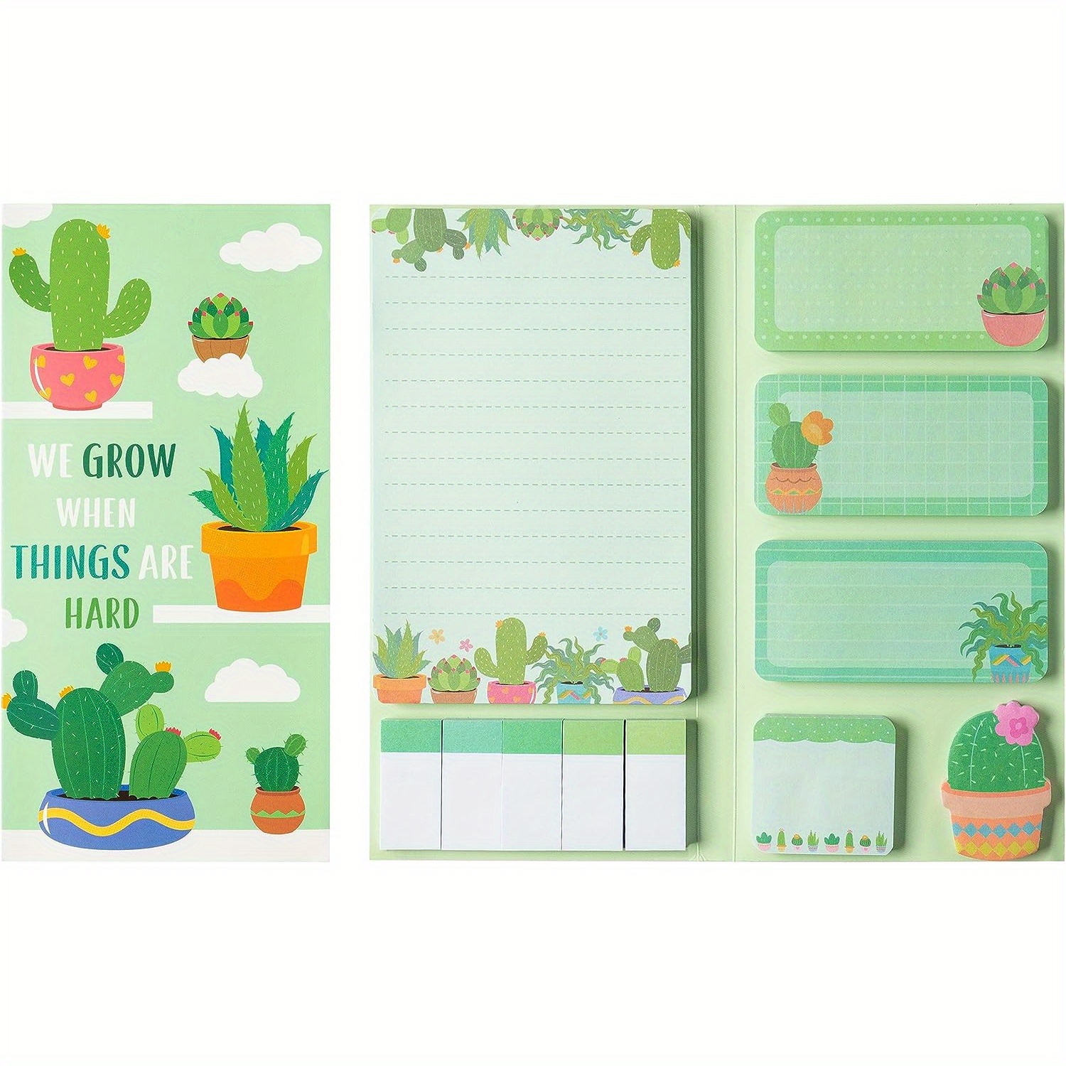 

550 Sheets Cactus Sticky Notes Set - Motivational "we Grow When Things Are Hard" Theme, Assorted Shapes & Sizes, Plant Page Markers, Divider Tabs, School & Office Memo Pads Bundle, Small Gift