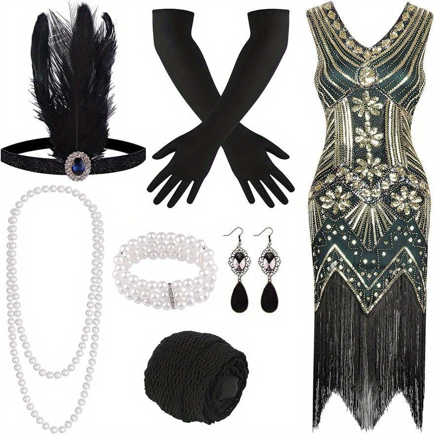 1920s v neck sequin beaded fringed dress with 20s accessories set