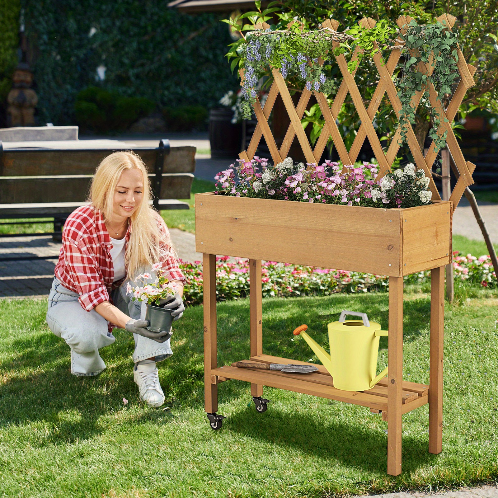 Jardinière Surélevée avec Treillis à Lattes Toit Suspendu Drainage Bac à Plantes Élevé en Bois Massif pour Plantes Grimpantes