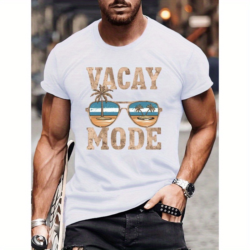 

Vacay Mode Sunglasses Coconut Trees Design Print Tee Shirt, Tees For Men, Casual Short Sleeve T-shirt For Summer