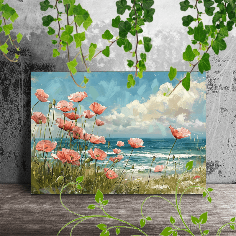 

1pc Wooden Framed Canvas Painting, Poppies Coastal Breeze Pastel Colors Beachside Flowers Seaside Tranquility