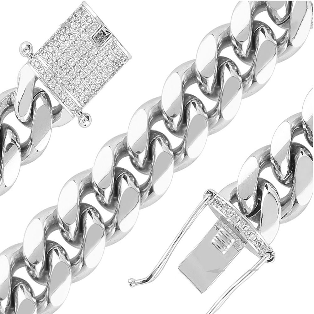 

Miami Cuban Link Chain For Men 18k Silver Plated Stainless Steel 12mm Curb Necklace Chains