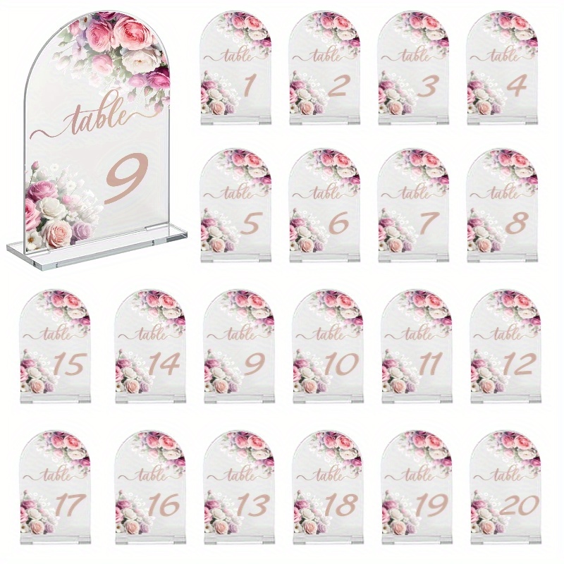 

Elegant Floral Acrylic Table Number Holders 20pcs - Perfect For Weddings & Special Events, Free Standing Design, Sizes 1-20
