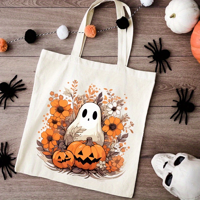 

Halloween Bag, Halloween Gift, Cute Ghost Printed Handbag Large Capacity Trendy Simple Style Durable Canvas Bags For Outdoor Picnic, Party, Travelling, Shopping