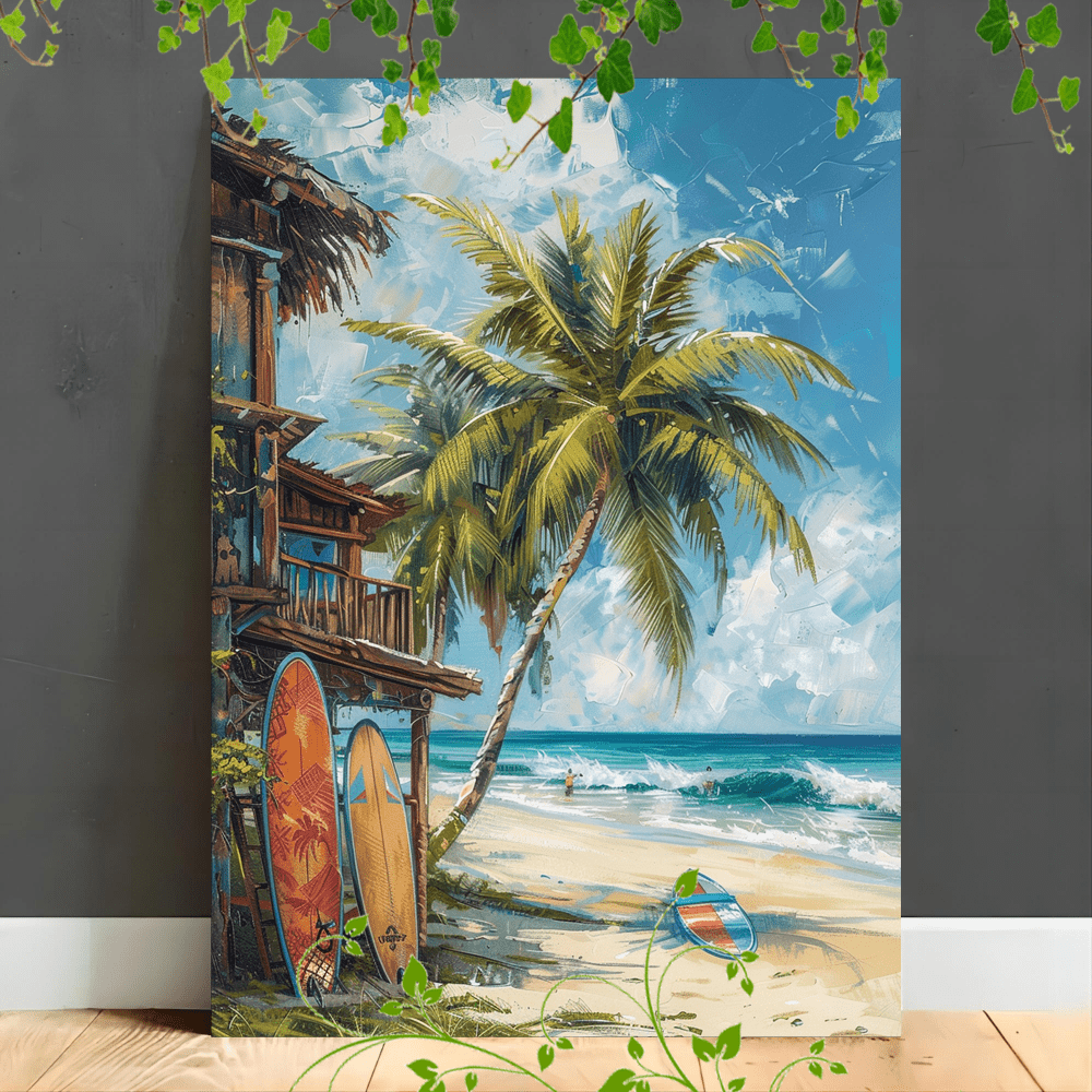 

1pc Wooden Canvas Painting, Surfboards Tropical Palm Trees Coastal